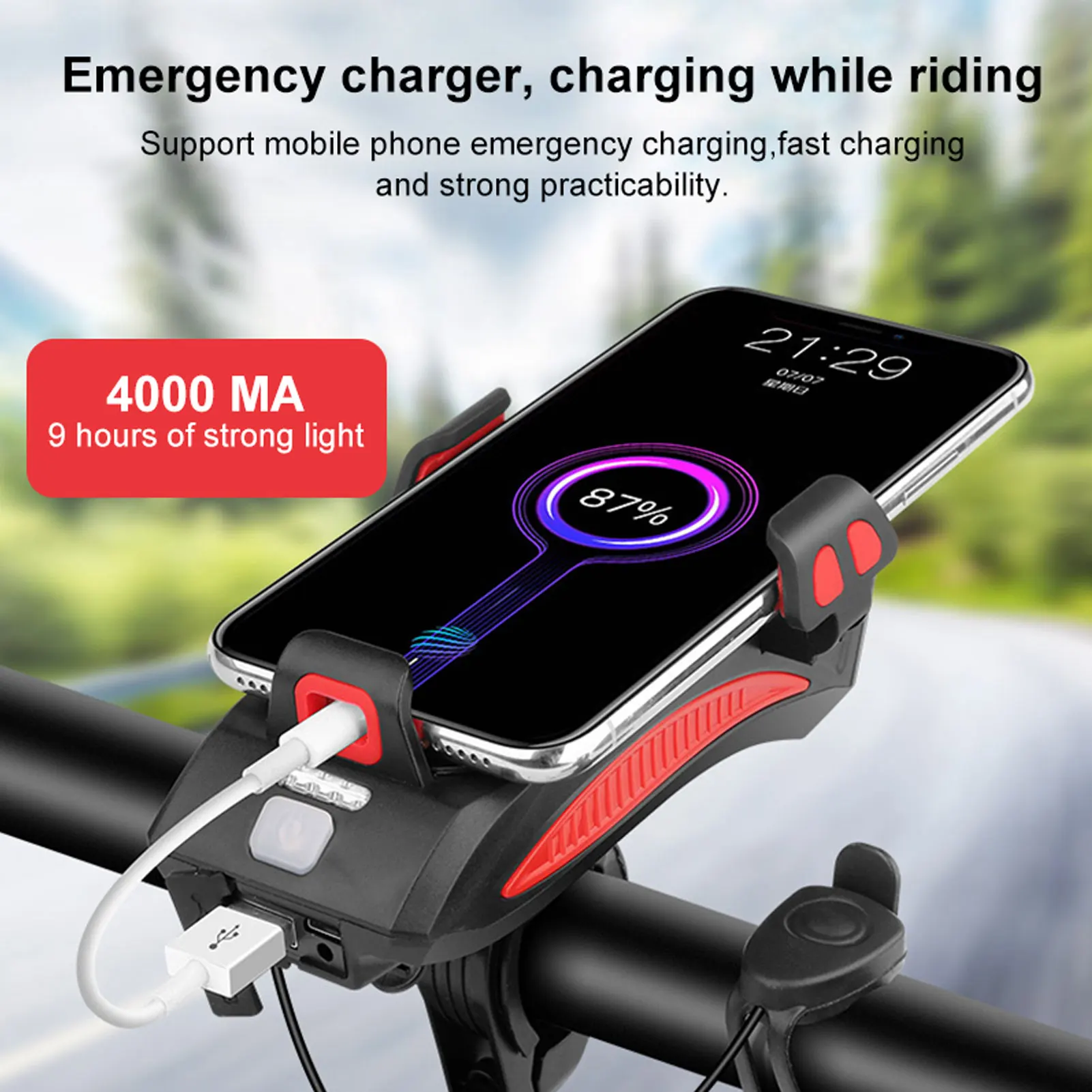 4in1 bicycle light usb charging lighting cycling phone holders led headlight horn bell mtb power bank for bike accessories free global shipping