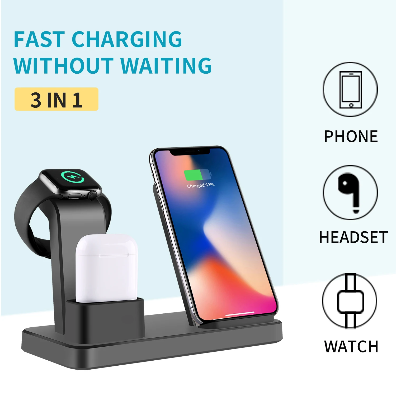 

2021 New coming Cellphone Fast Watch Wireless Charger 3 in 1 Wireless Charging Station for Apple Airpods pro