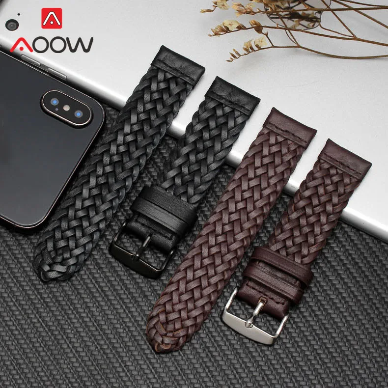 20mm 22mm 24mm Braided Genuine Leather Strap Quick Release Men Women Replacement Bracelet Belt Wrist Band for Smart Watch Brown
