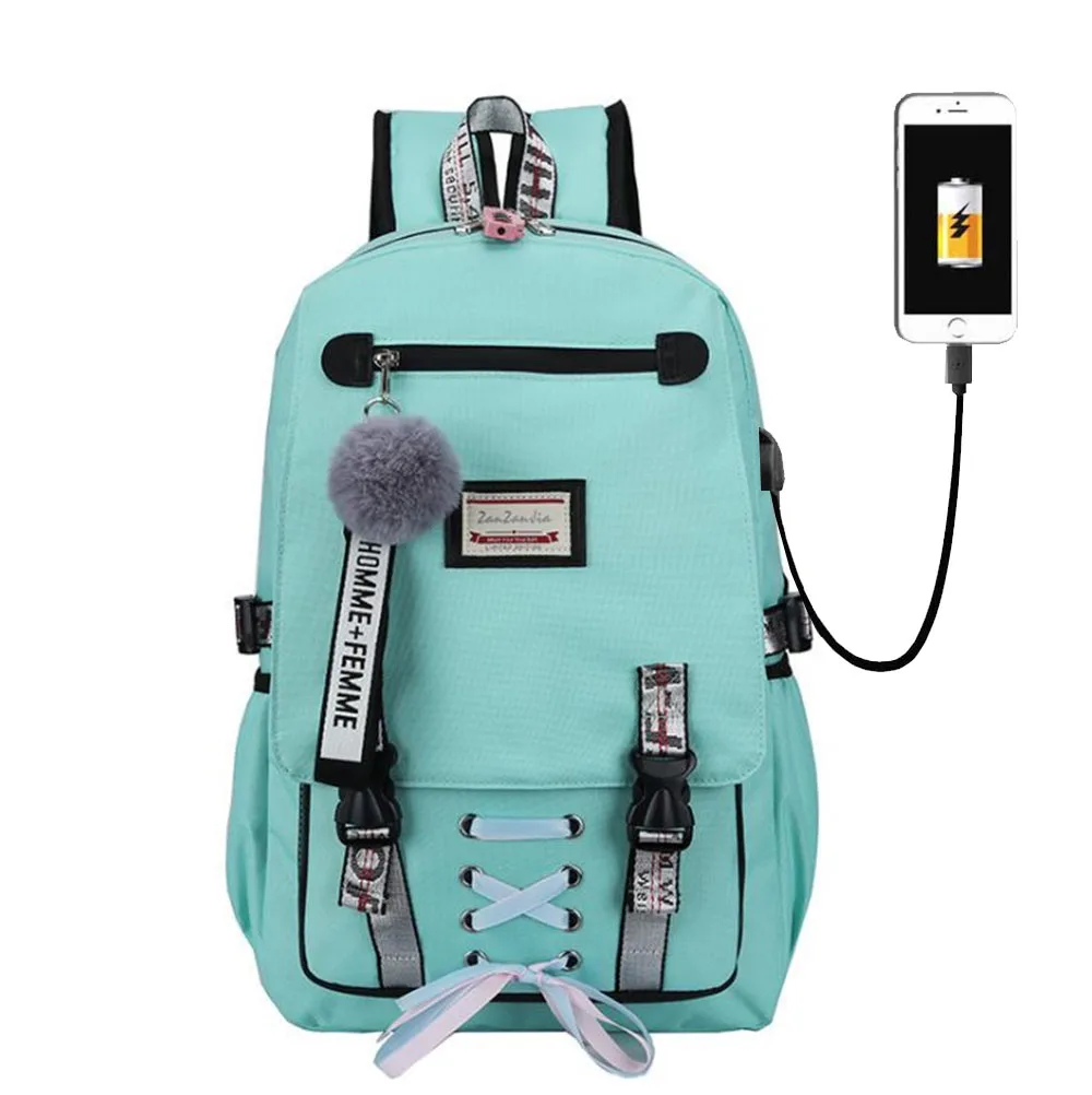 Школьные портфели для девочек и мальчиков, большой рюкзак с USB-принтом и ленточным бантом, 4 цвета, для подростков