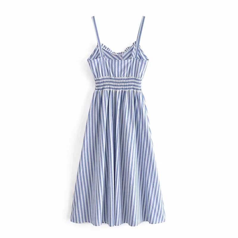 

Za Summer Women's Dresses Camisole Striped High Waist Sleeveless Vintage Female V neck Button Vestido Mujer 2021 Casual Backless