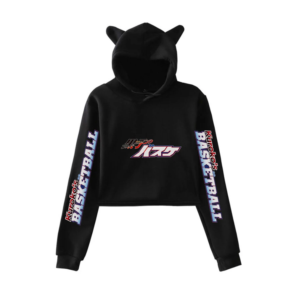 

Укороченные толстовки Kuroko's с Баскетбольным принтом кошки, Женский пуловер с длинным рукавом и капюшоном, укороченные топы, лидер продаж, По...