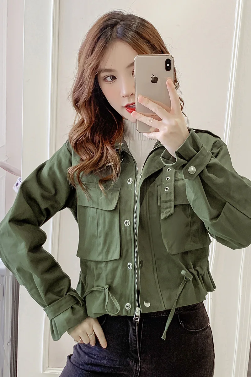 Женская короткая куртка на молнии зеленая куртка-бомбер с длинным рукавом