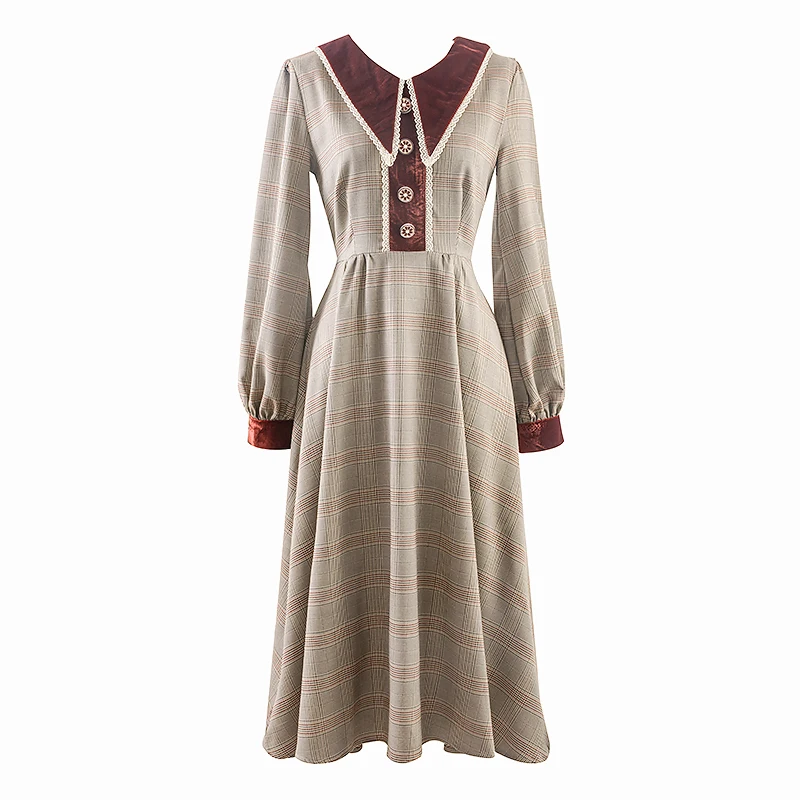 

PERHAPS U Women Khaki Plaid Dress Button Long Sleeve Empire Vintage Dress Elegant Chic Spring Autumn D2206