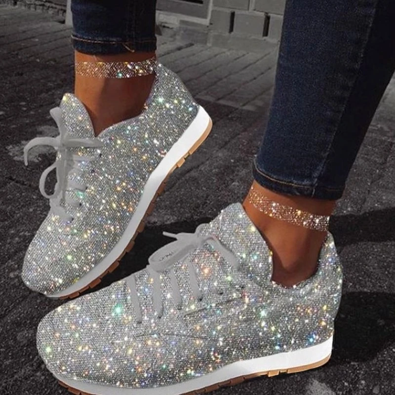 

Women Casual Glitter Shoes Mesh Flat Shoes Ladies Sequin Vulcanized Shoes Lace Up Sneakers Outdoor Sport Running Shoes
