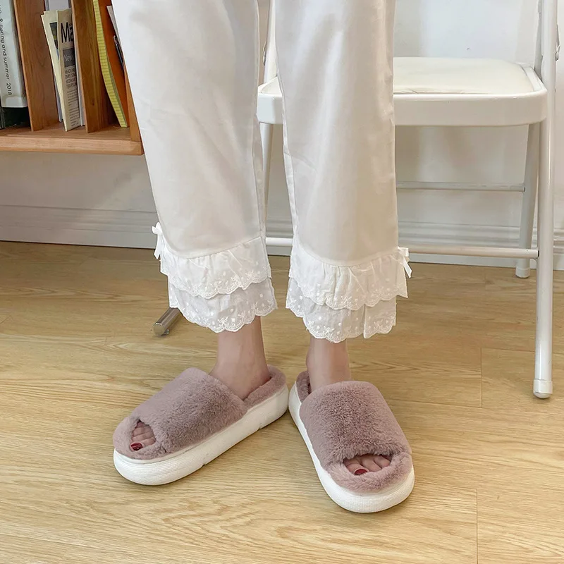 Thick-Soled Solid Color Plush Women's Slippers Summer Wear Ins Tide Net Red Home Indoor Cute Cotton Slippers Autumn And Winter