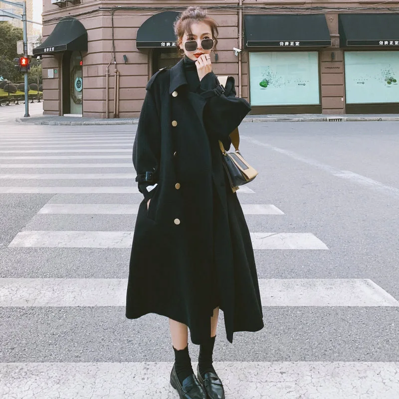 

Women's Autumn Winter Fashion Double-breasted Lapel Medium Length Coat Black With Belt Slim-fit Jacket abrigos para mujer