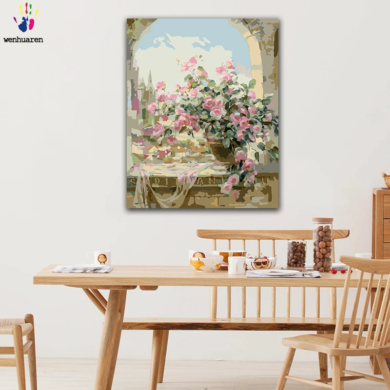 DIY картинки для раскраски по номерам с цветами Розовая роза на подоконнике