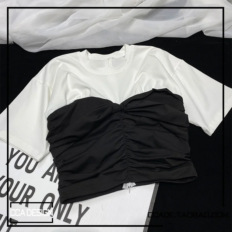 

CCA Homemade Color Contrast Patchwork Irregular Pleated Corset T-shirt Short round Neck Back Zipper Slim Fit Tunic Women