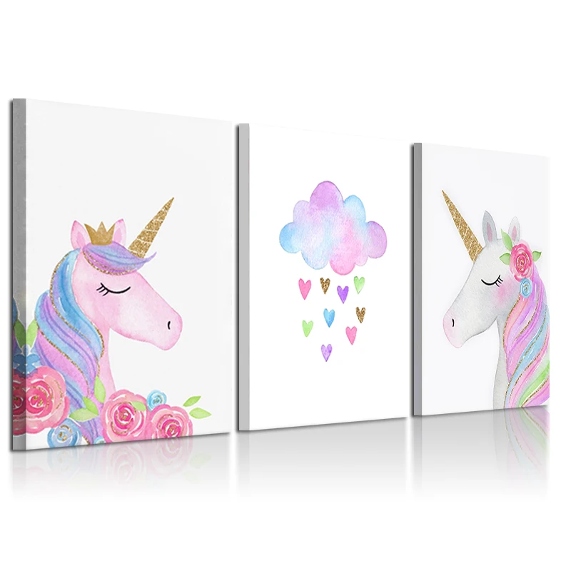 

Set of 3 Pink Unicorn Wall Art Kids Room Framed Poster Print Gold Girls Room Decor Nursery Cartoon Baby Bedroom Canvas Painting