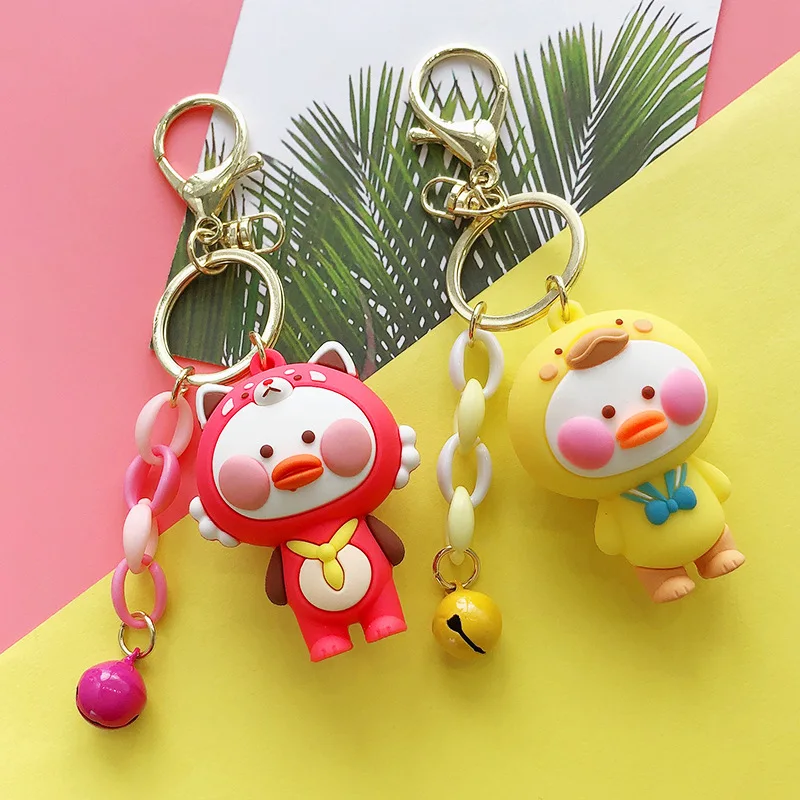 Cute Cartoon Duck Keychain 4 Colors Silicone Doll with Free Bell Keyring for Women Girls' Bag Pendant Ornament Key Chain | Игрушки и