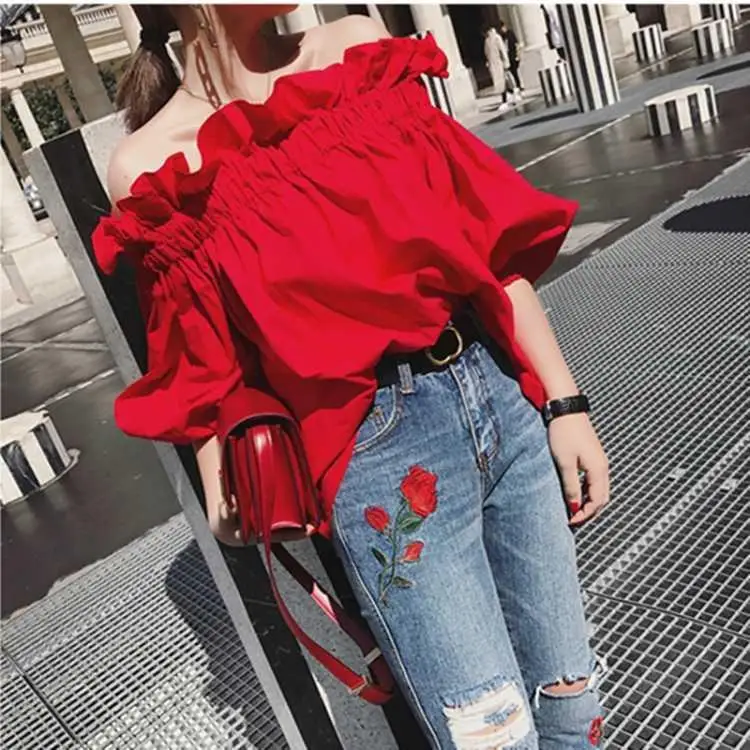 Off shoulder Sexy Top Puff sleeve Summer Chiffon blouses and shirts Red Ruffle Top Tee 2021 Fashion New