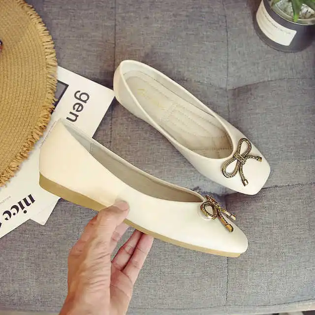 

Spring Women Soft Leather Ballerina Flats Comfortable Green Pink Beige Ballet Flats Square Toe korean Boat Shoes Plus Size 43