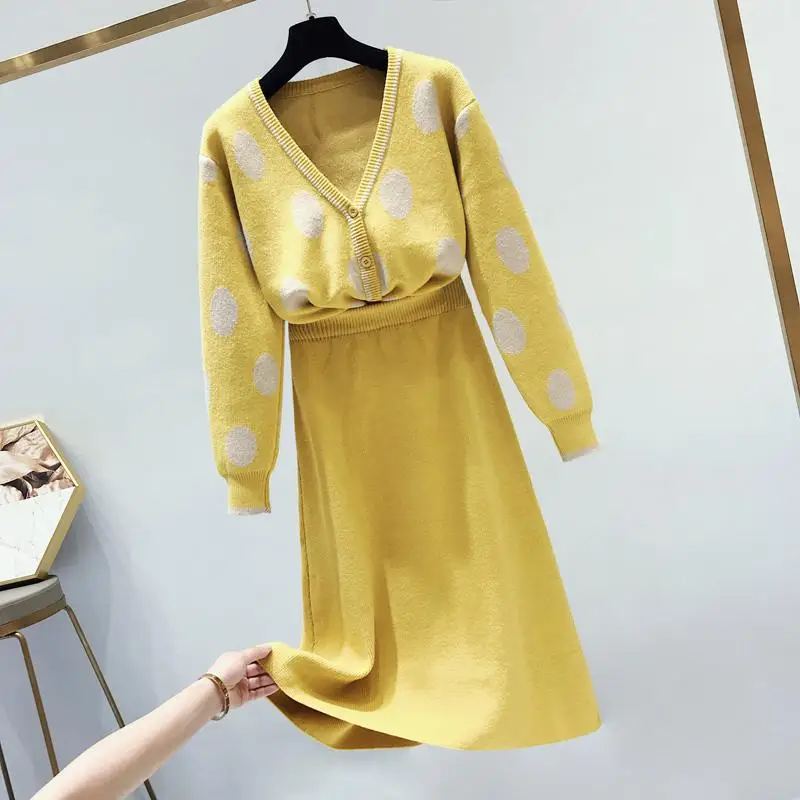 Женская сладкая корейская одежда 2 шт. Наборы весна осень Cute Dot V-образным вырезом свитер+ юбка спортивный костюм женский комплект одежды - Цвет: 3