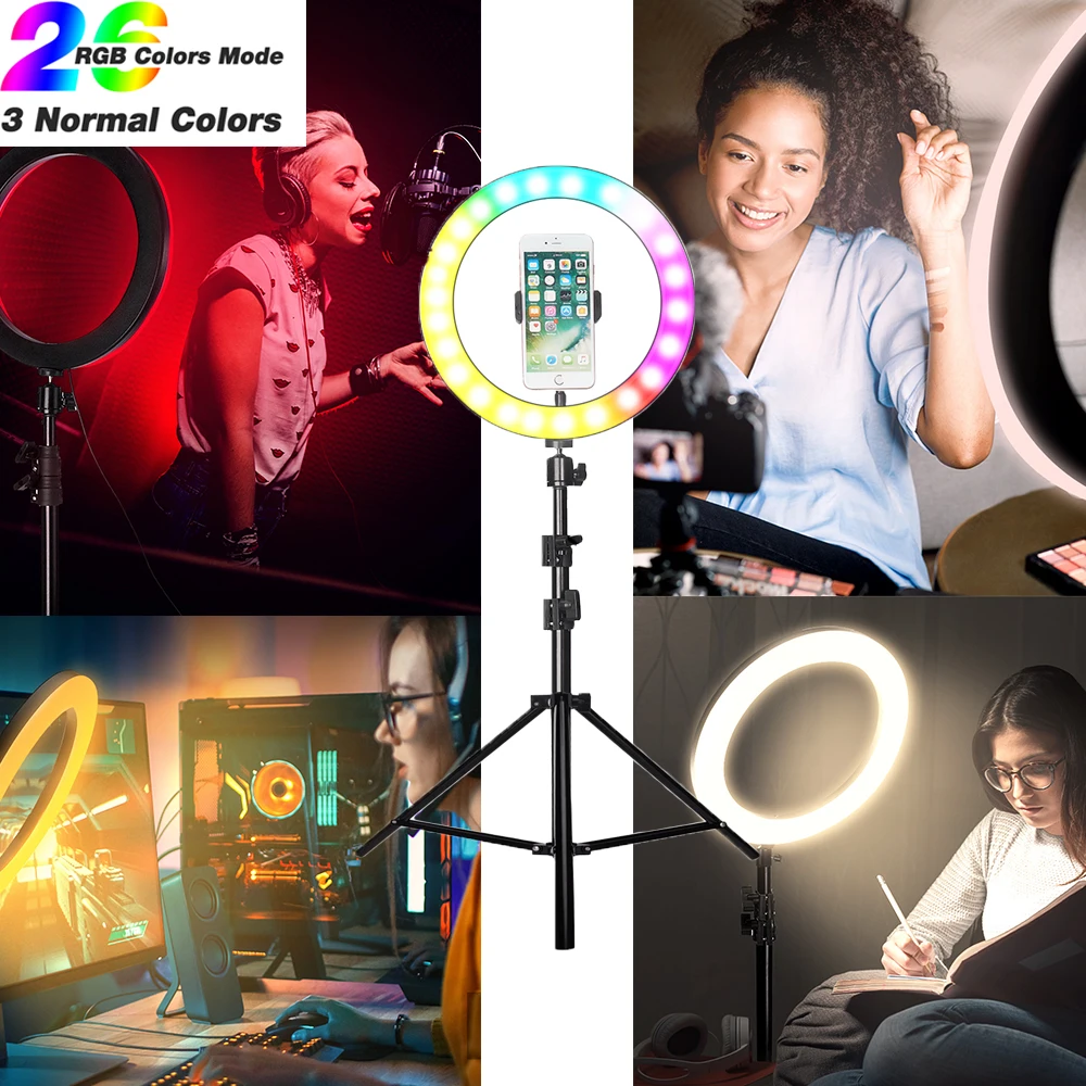 

26 Colors RGB Selfie Led Ring Light with Tripod Stand Professional Desktop Laptop Lights Live Stream Video Recording For Tik Tok