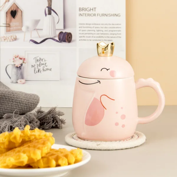 

380ML Cartoon Crown Dinosaur Mugs Creative Couple Coffee Cup Ceramic Mug with Lid Spoon