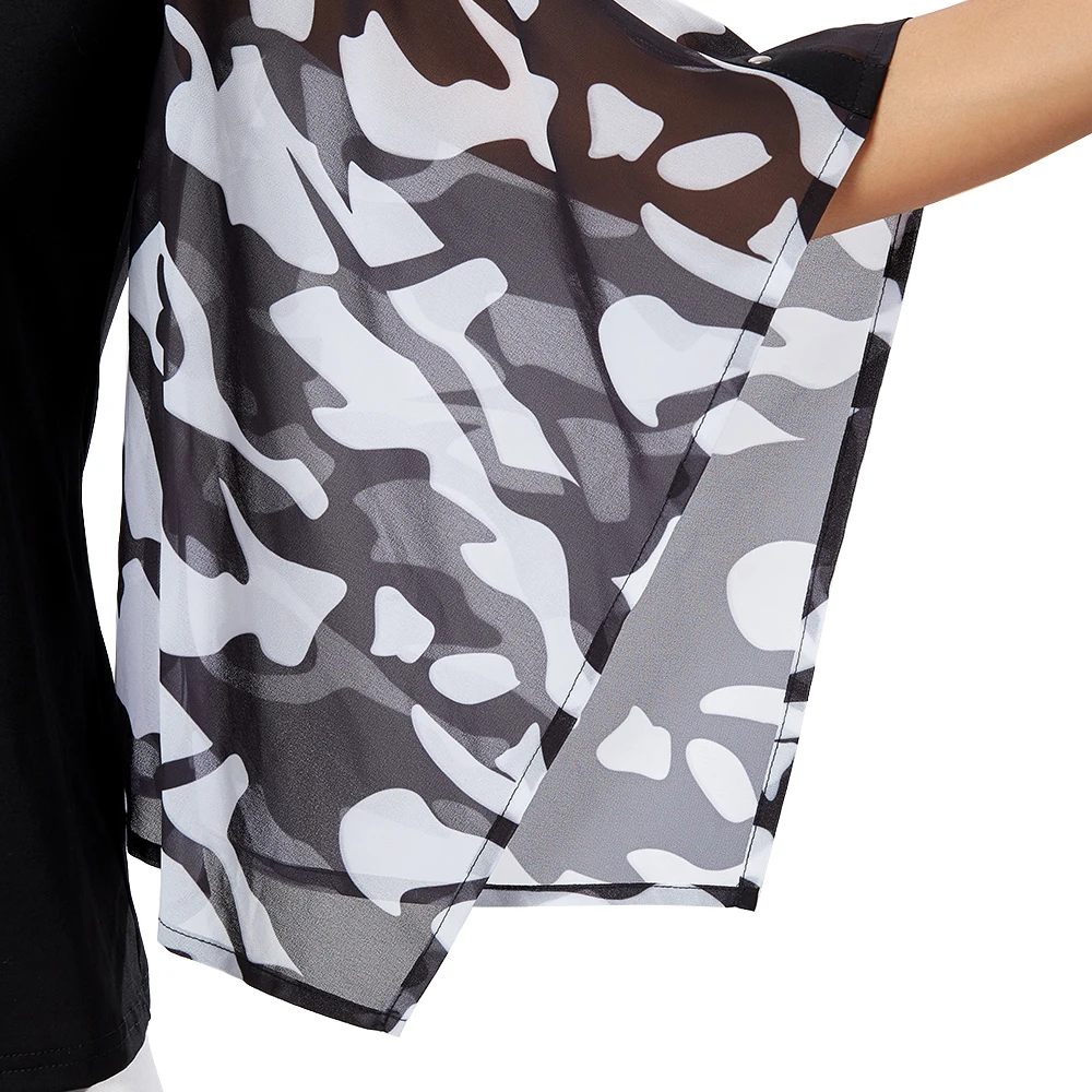 

Woman Studded Chiffon Ruffle Sleeve Top Elegant Business Casual Loose Patchwork Blouses Femininas Black White Blouse Shirt H240