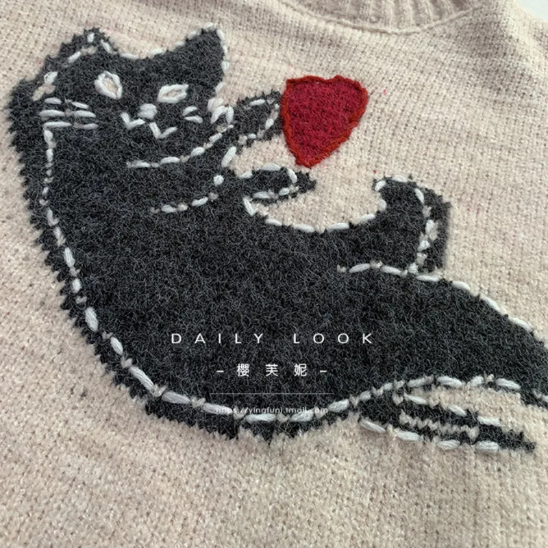 

Winter Half High Collar Sweater Women's Loose Korean Languid Style Pullovers Cat Embroidery Cartoon Vintage Sweaters Female
