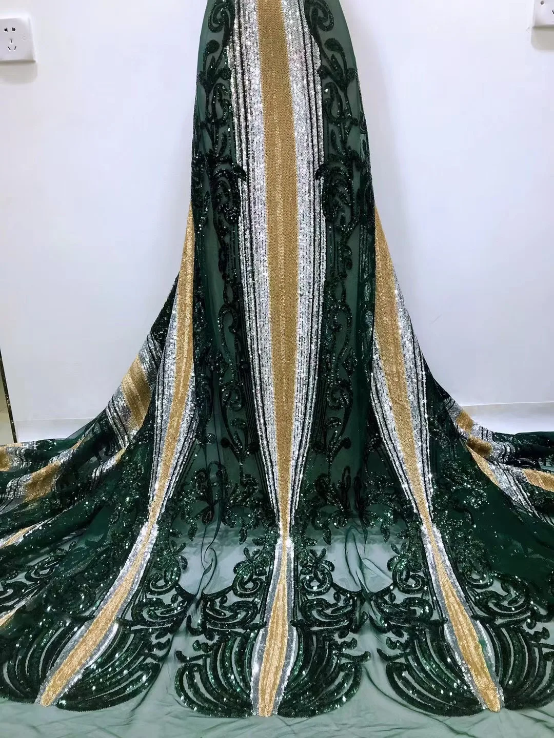 

(5 ярдов/шт.) высококачественное полностью вышитые блестки, тюль, кружево, зеленое золото, блестящее платье FJL043