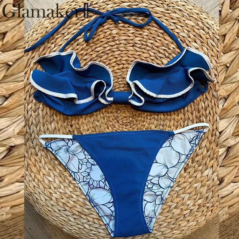 Glamaker, купальный костюм с бретелькой через шею, цветочный принт, комплект бикини с оборками, Модный Купальник, женский сексуальный купальник, женский летний голубой купальник