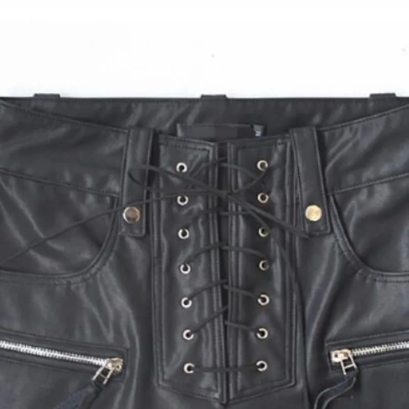 Cool Punk Fashion Womens Lace Up Slim Fit Trousers Female Flared Bell-bottom PU Leather Pants Size XS-XL Free Shipping