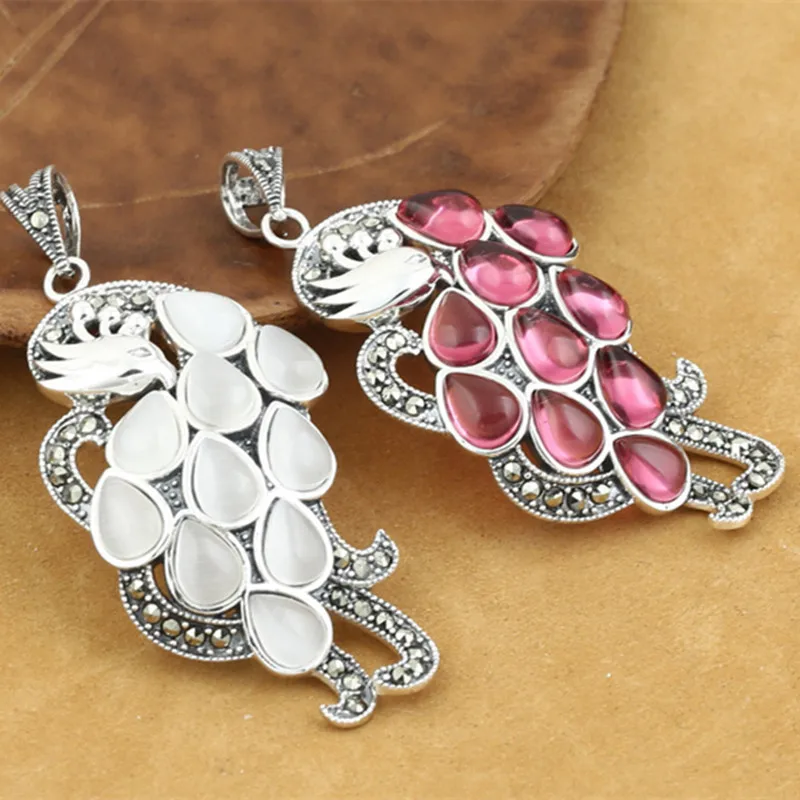 

925 Sterling Silver Jewelry Retro Thai Silver Women Marcasite Inlaid Opal Red Corundum Peacock Feather Pendant