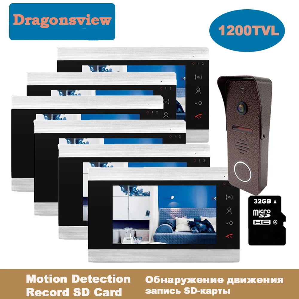 Dragonsview 7 Inch Video Deurtelefoon Huis Intercom Systeem 1 Deurbel Camera 'S En 3 4 5 6 Monitoren Call Transfer record Motion Ir