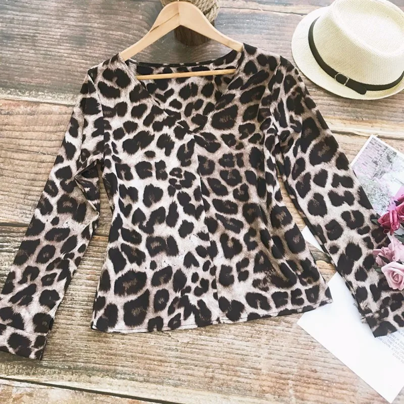 

Blouse Hot Fashion Women Leopard V-neck Elegant Tops Bodycon Low-cut Long Sleeve sexy Autumn Shirt blusas mujer de moda