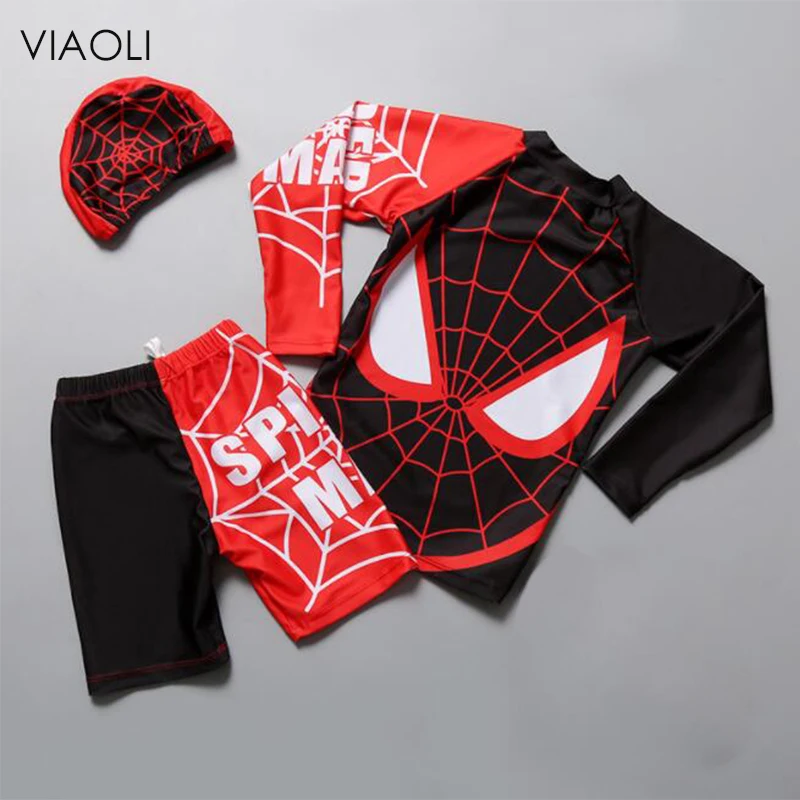 Spider Print Boys Long Sleeve Swimwear Summer Baby Kids Swimsuit 3 Pieces  Suits 2018 Beach Surfing Bathing Suits 2-12 Years old