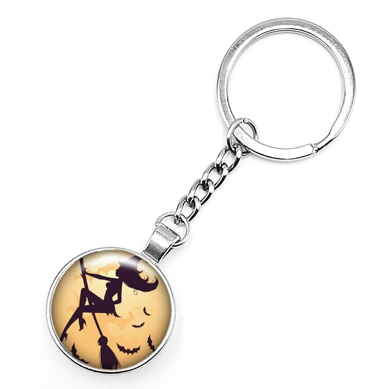 

2020 New Fashion Halloween Witch Pumpkin Spider Keychain Glass Convex Personality Charm Bag Pendant Keychain Gift