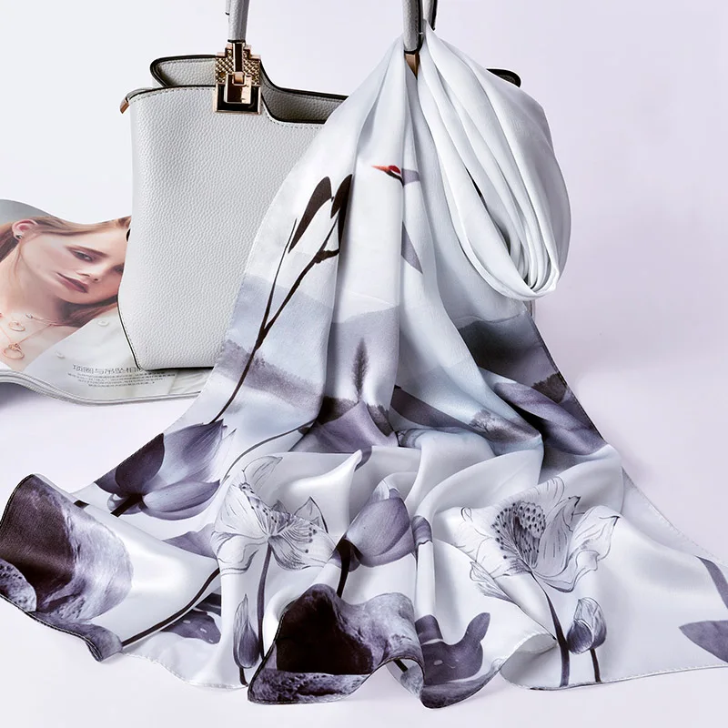 Женский длинный шелковый шарф роскошная шаль из натурального шелка с синим