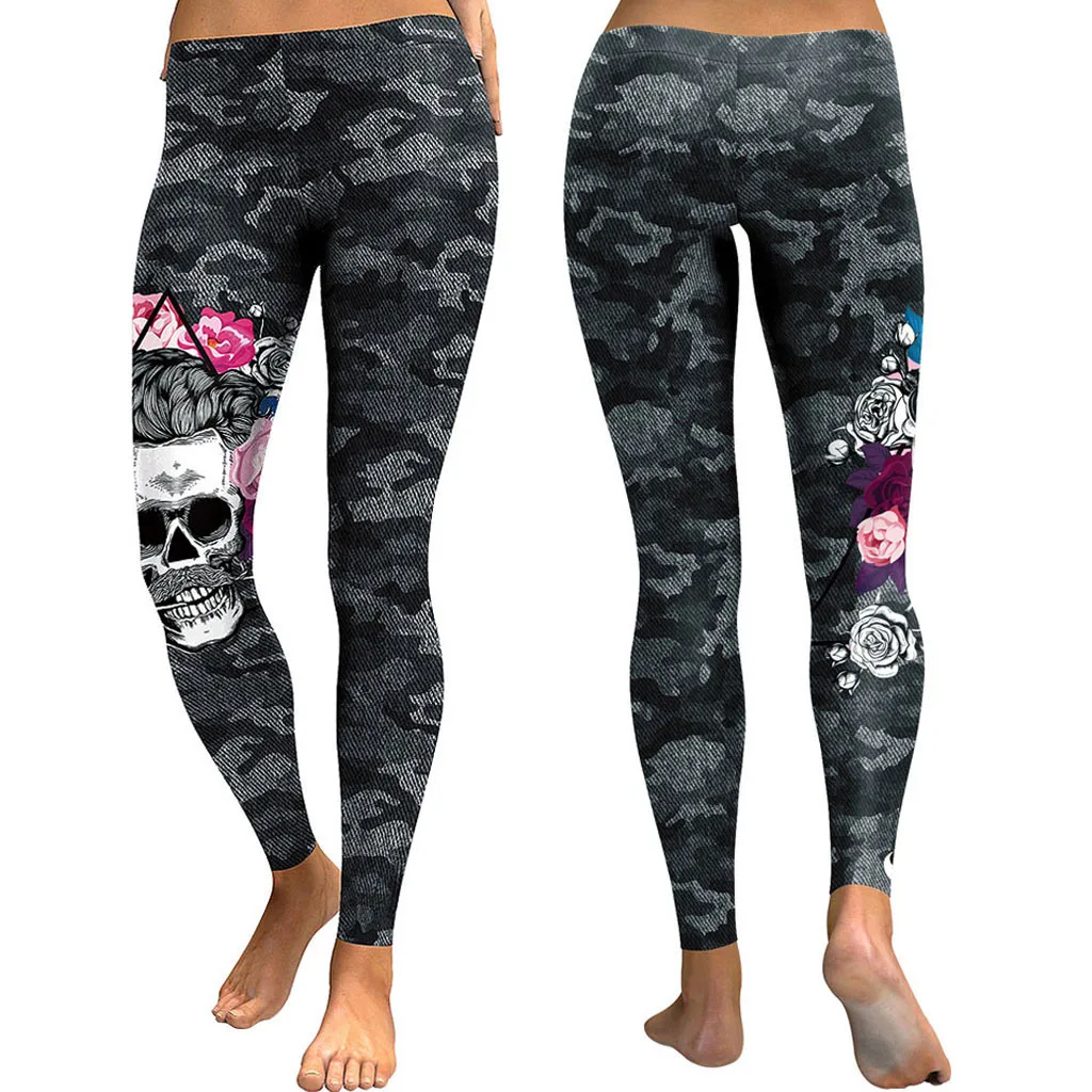 Пикантные женские камуфляжные леггинсы в готическом стиле с принтом черепа