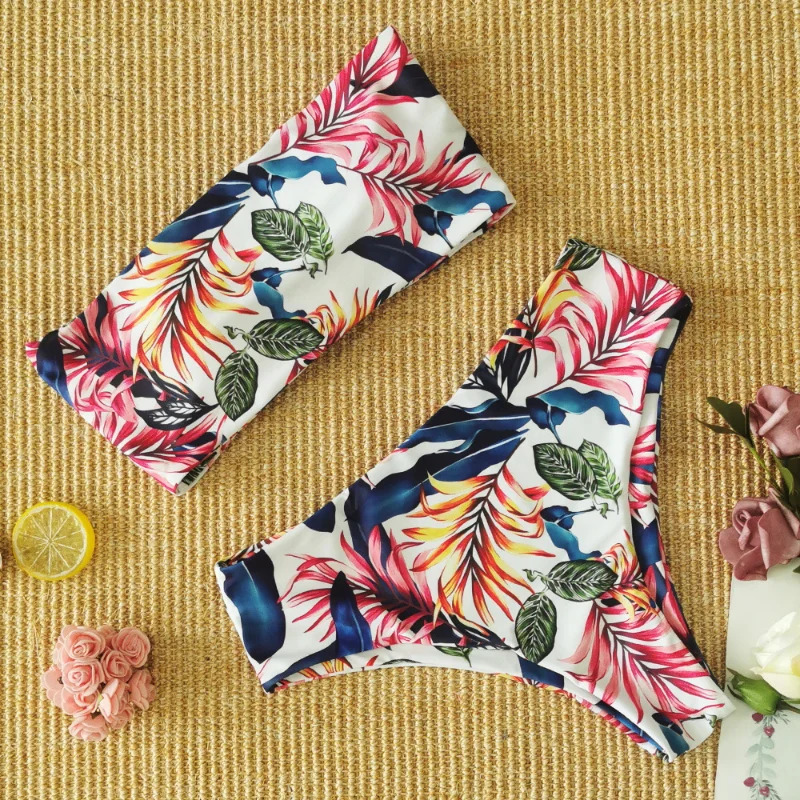 

New Bikini Swimwear Swimsuit Women Print High Waist Bikini Set Back Cross Bandeau Bathing Suit Female Beach Wear Biquini