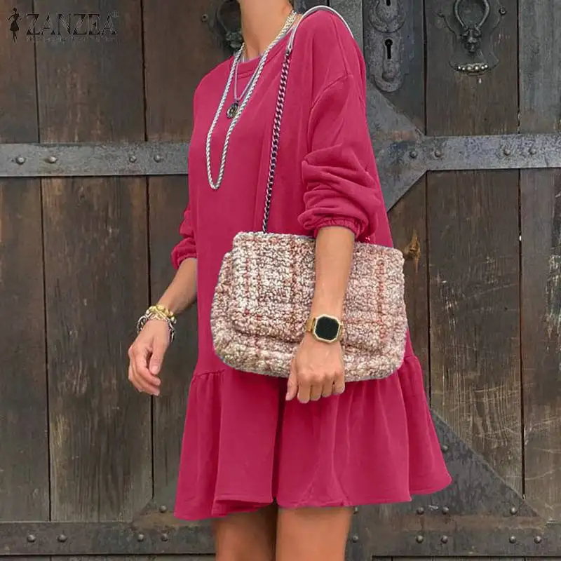 

ZANZEA Fahsion Women Dresses 2021 Spring Puff Sleeve Knee Length Sweatshirt Dress Oversized Casual Solid A-line Loose Robe Femme