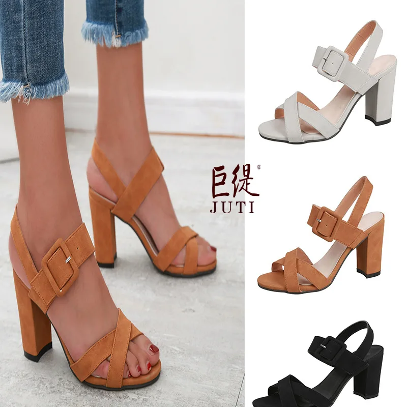 

2020 New Ladies Sandals fang gen luo ma feng L Female High-Heeled Sandals block heel shoes shoes women