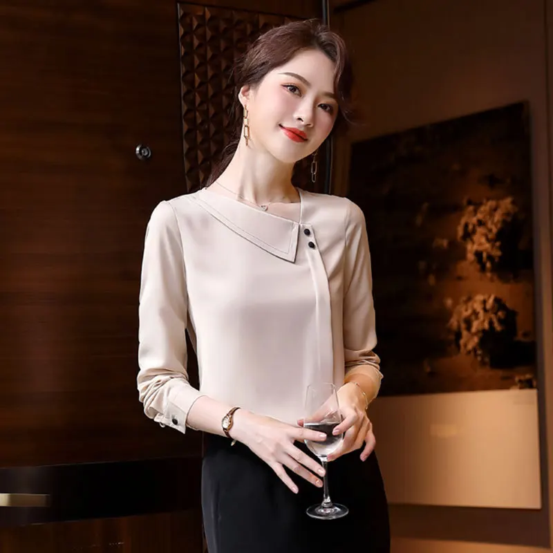 

IZICFLY New Autumn Champagne Plus Size Tops For Women Full Sleeves Fashion Korean Shirt Slim Casual Office Elegant White Blouse