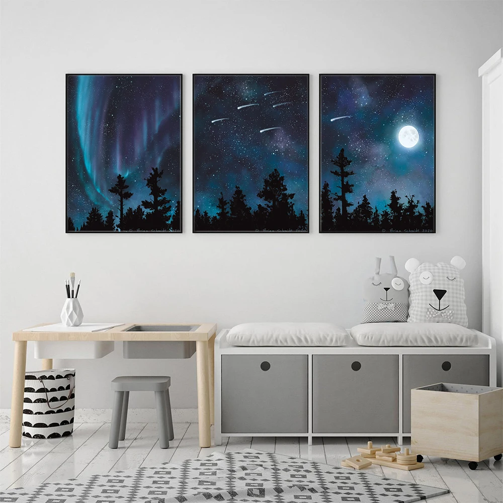 

Nordic Aurora Borealis Canvas Posters Shooting Stars Night Sky Moon Trees Painting Pictures Wall Art Print Bedoom Home Decor