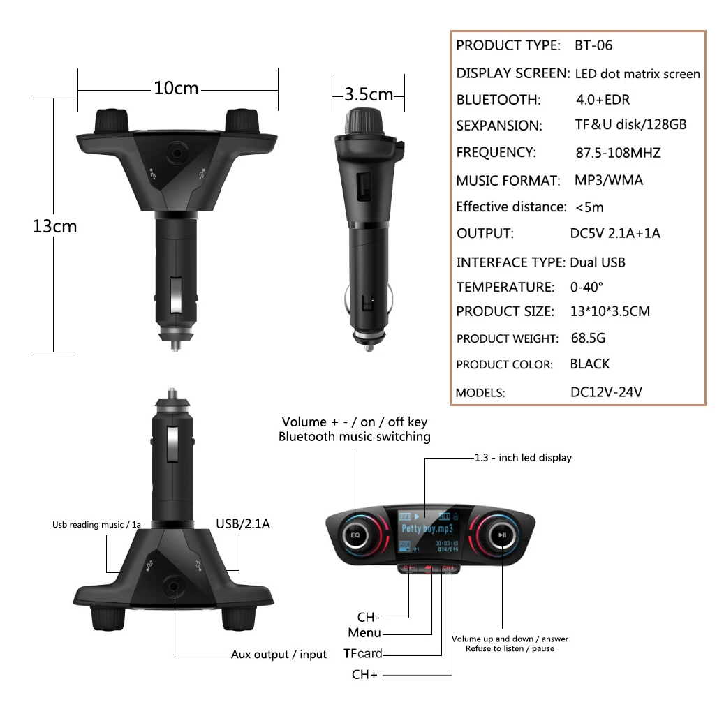 Car Handsfree Wireless Bluetooth Kit FM Transmitter LED Audio MP3 Player Dual USB Charger FM TF Aux in Modulator Car Accessories