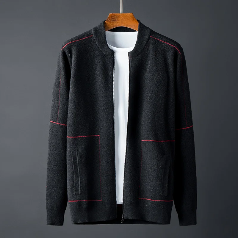 

Мужские весенние свитера на молнии, роскошные однотонные повседневные мужские свитера с воротником-стойкой, Модные свободные вязаные мужс...