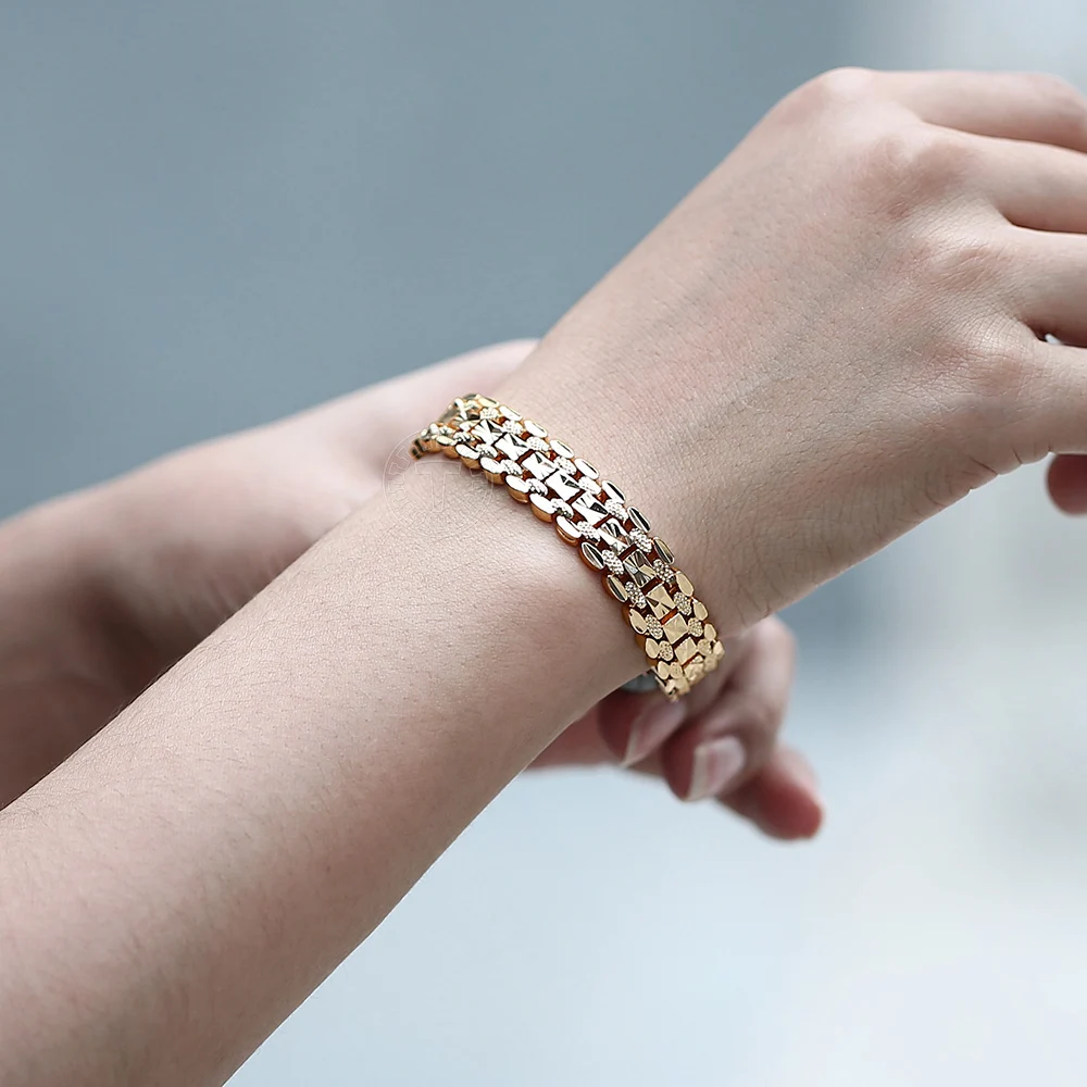 Женский резной браслет на цепочке розовый золотистый 11 мм 585 пробы вечерние