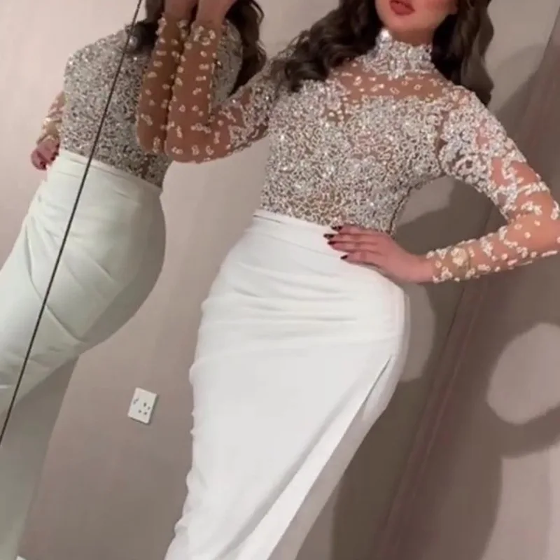 

2021 Summer Women Long Sleeve O Neck Mesh Patchwork Club Party Glitter Sequin Dress Shiny Bodycon Ruched Long Split Dresses Pink