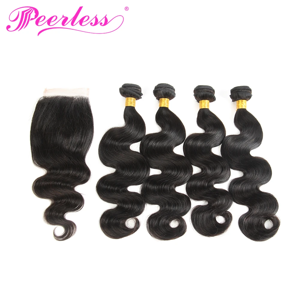 PEERLESS волосы перуанские волнистые человеческие пряди с Закрытие 4*4 швейцарский