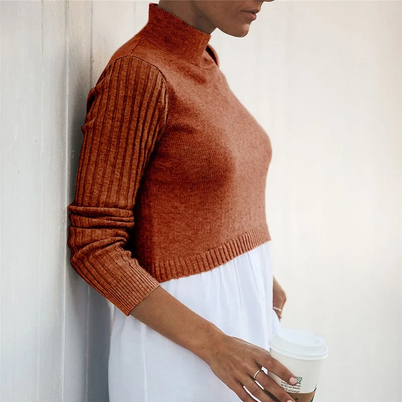 

Woman Sweater Knitted Turtleneck Stitching Sweater Female 2021 Long-Sleeved O-Neck Casual Solid Color Pullover Women Tops Jumper