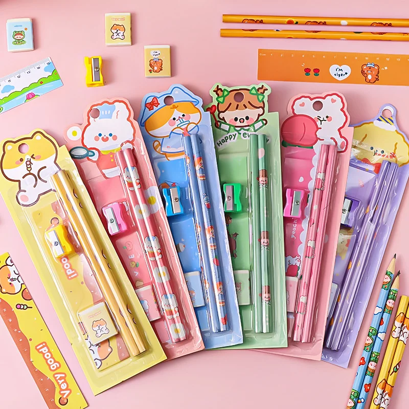 

5pcs/set School Stationery 2 Pencils 1 Ruler 1 Eraser 1 Pencil Sharpener Cartoon Pencil Set Student Children's Supplies