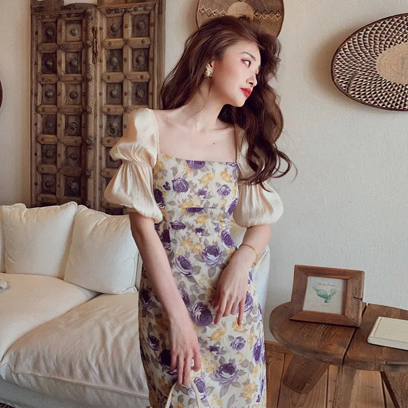

2021 new small fragrant wind floral waist long dress retro French niche square collar puff sleeve printed dress women