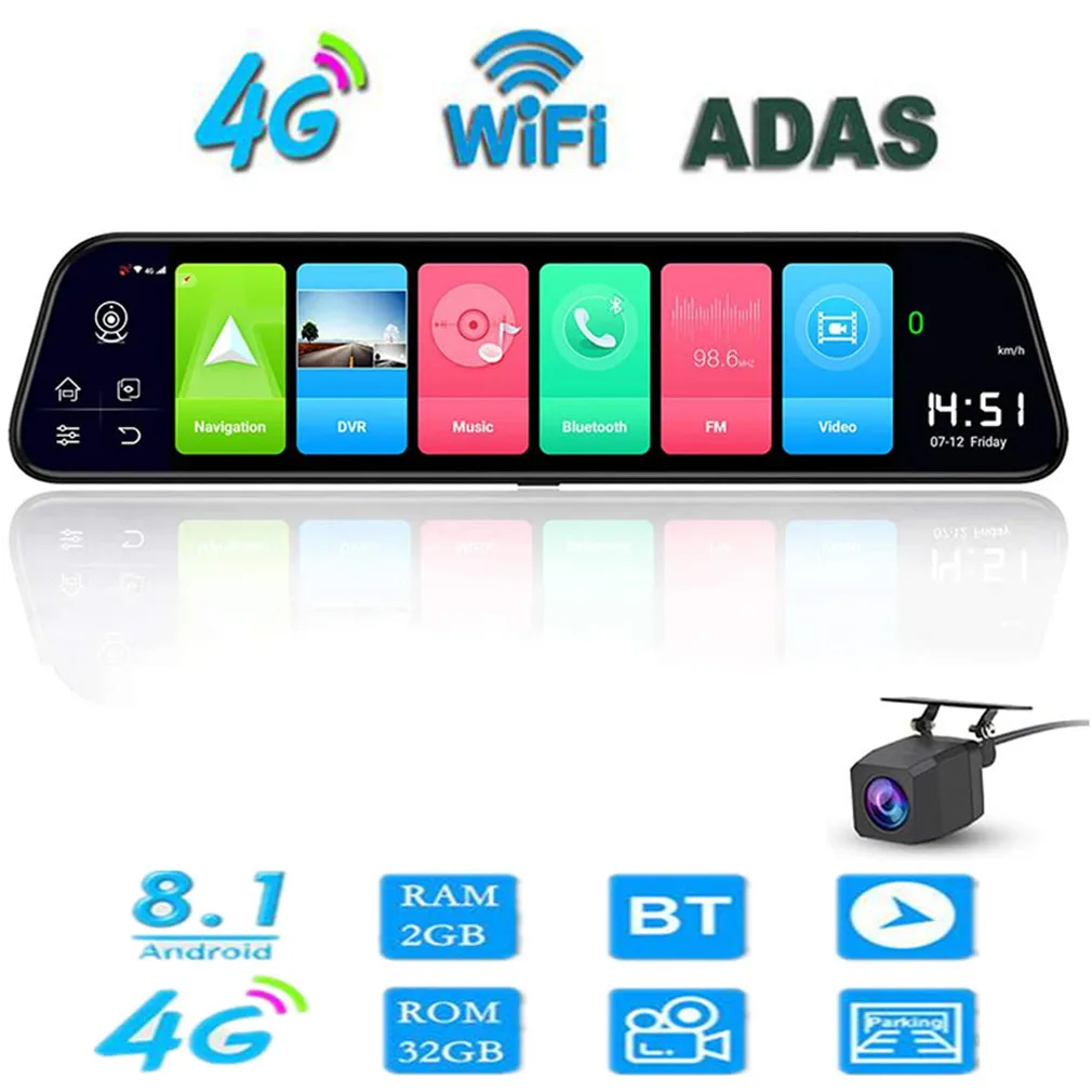 

Автомобильный видеорегистратор с двумя объективами FHD1080P, 12 дюймов, 4G, полноэкранный IPS-дисплей, сенсорное зеркало заднего вида, Android 8,1, с ADS/...