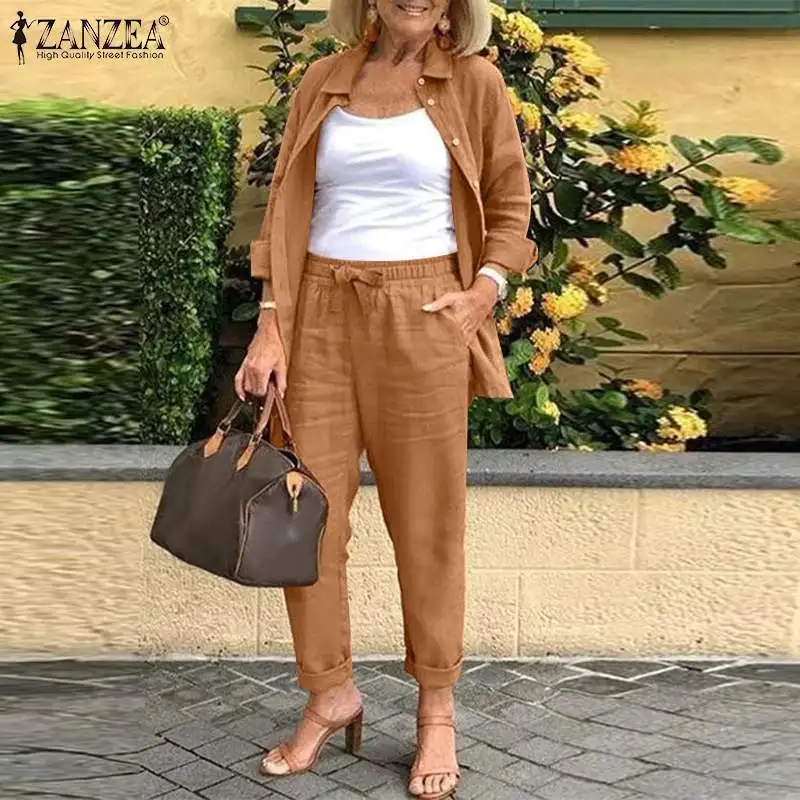 

Винтажный хлопковый брючный комплект ZANZEA, Осенние однотонные подходящие комплекты, Женская Повседневная рубашка с длинным рукавом, женски...