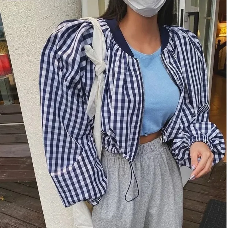 

Женский короткий топ в клетку, повседневный Свободный Топ с круглым вырезом и пышными рукавами, осень 2021, X685