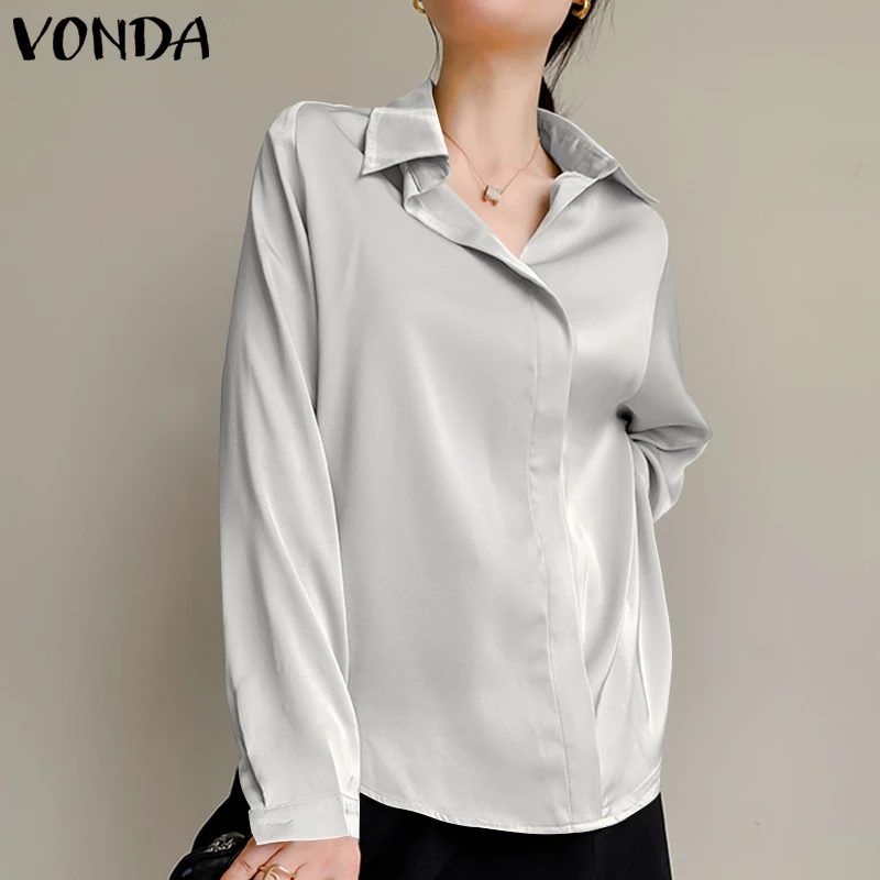 

Женская атласная блузка 2022, осенняя Повседневная Однотонная рубашка VONDA, женские офисные блузки с длинным рукавом и воротником с лацканами