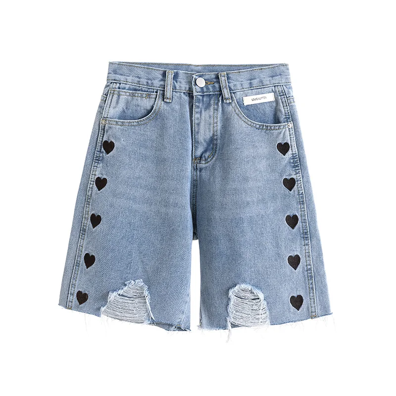 

2021 Summer Embroidery Ripped Denim Short Women Streetwear High Waist Mid Pants Vintage Femme Casual Mom Denim Five Trouser B114